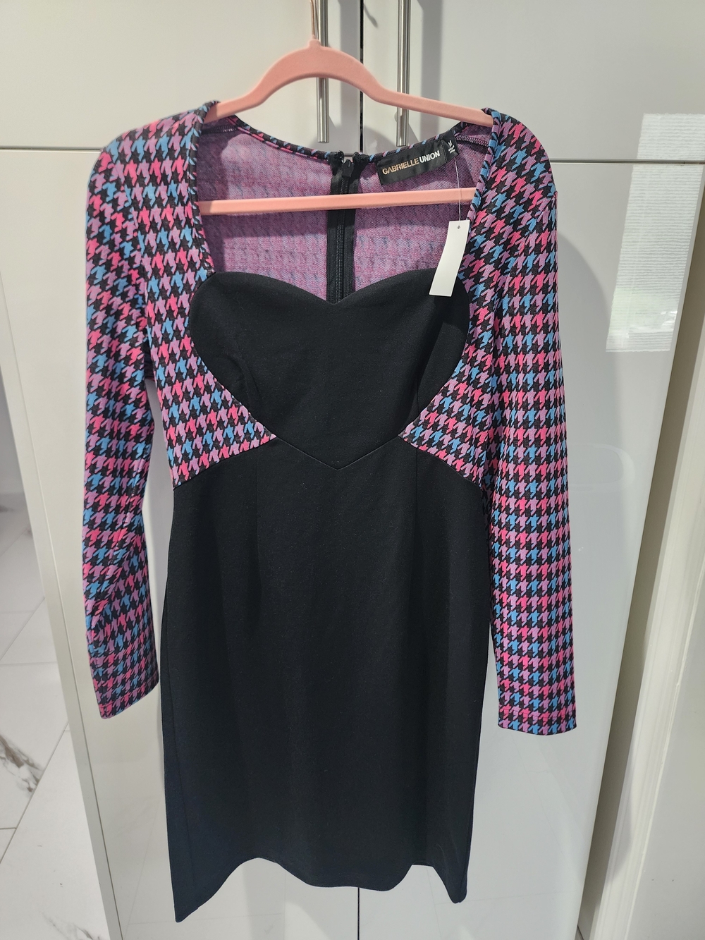Gabrielle | Black Dress with Pink & Blue Houndstooth Accents And Heart